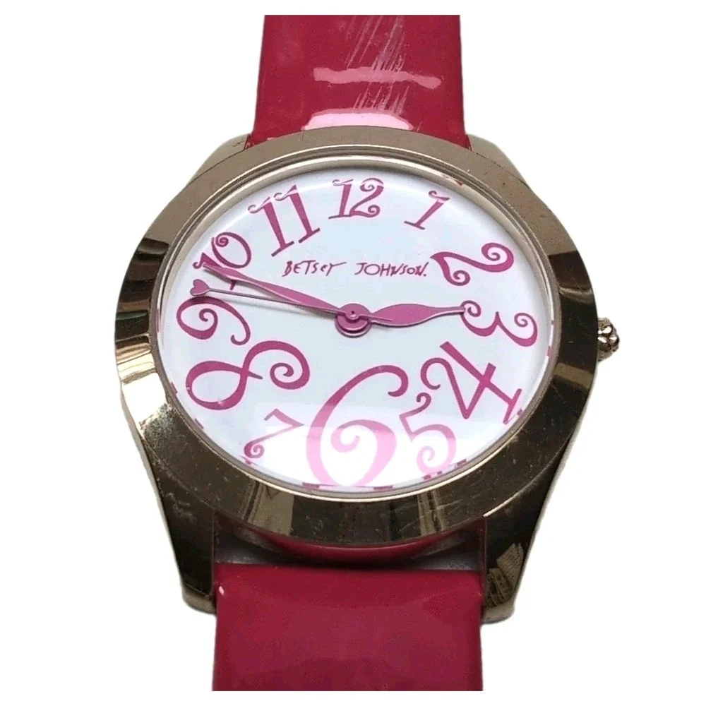 Betsey Johnson Watch Gold Case Pink Swirl Numbers Patent Strap Box BJ2140
